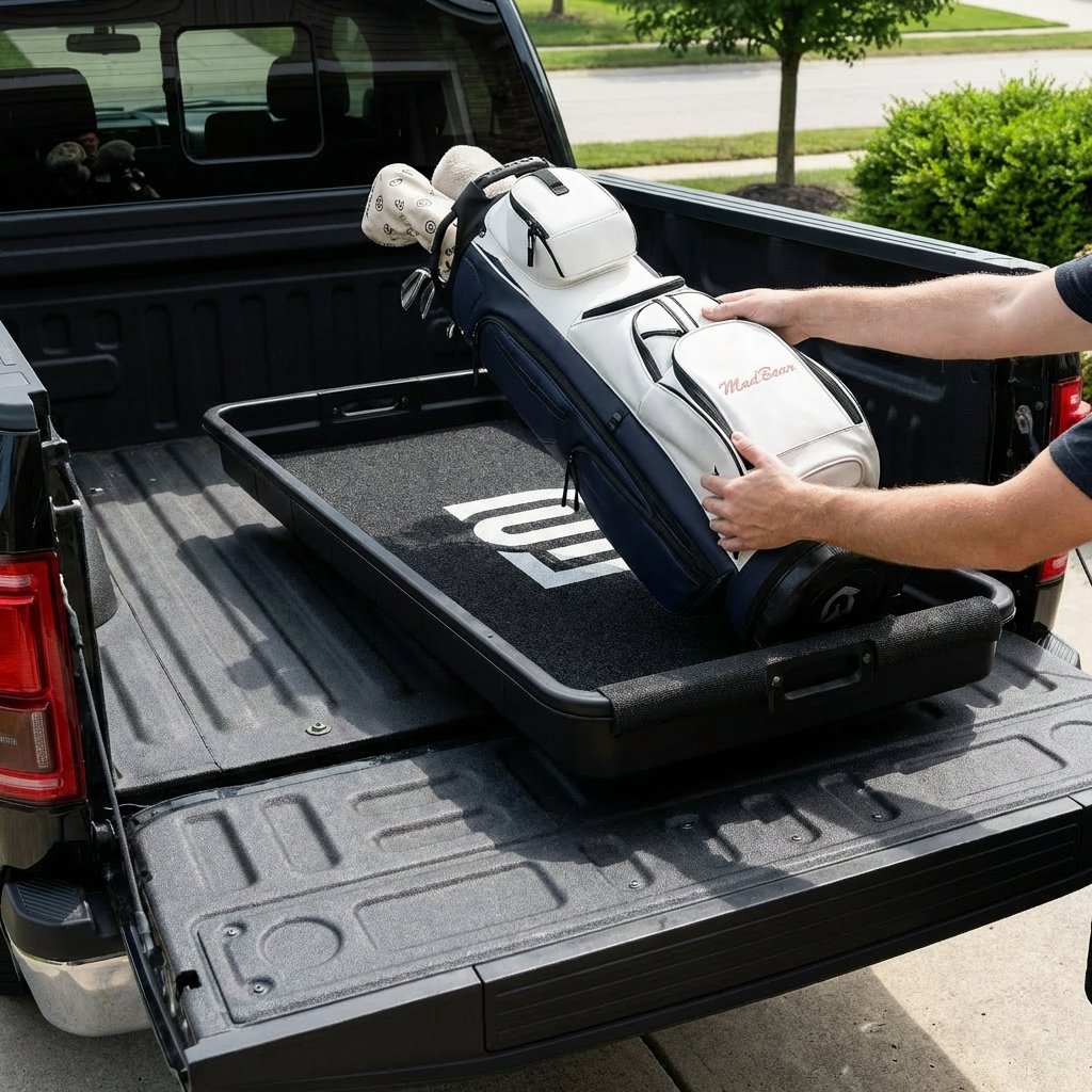 Loading golf bag onto Bag Sled